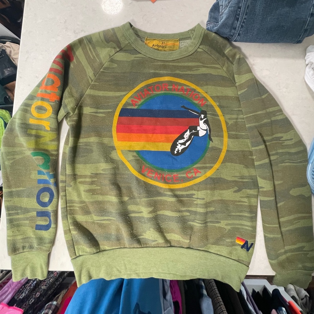 Aviator Nation Camo Crewneck Sweatshirt Logo Venice, CA Size XS